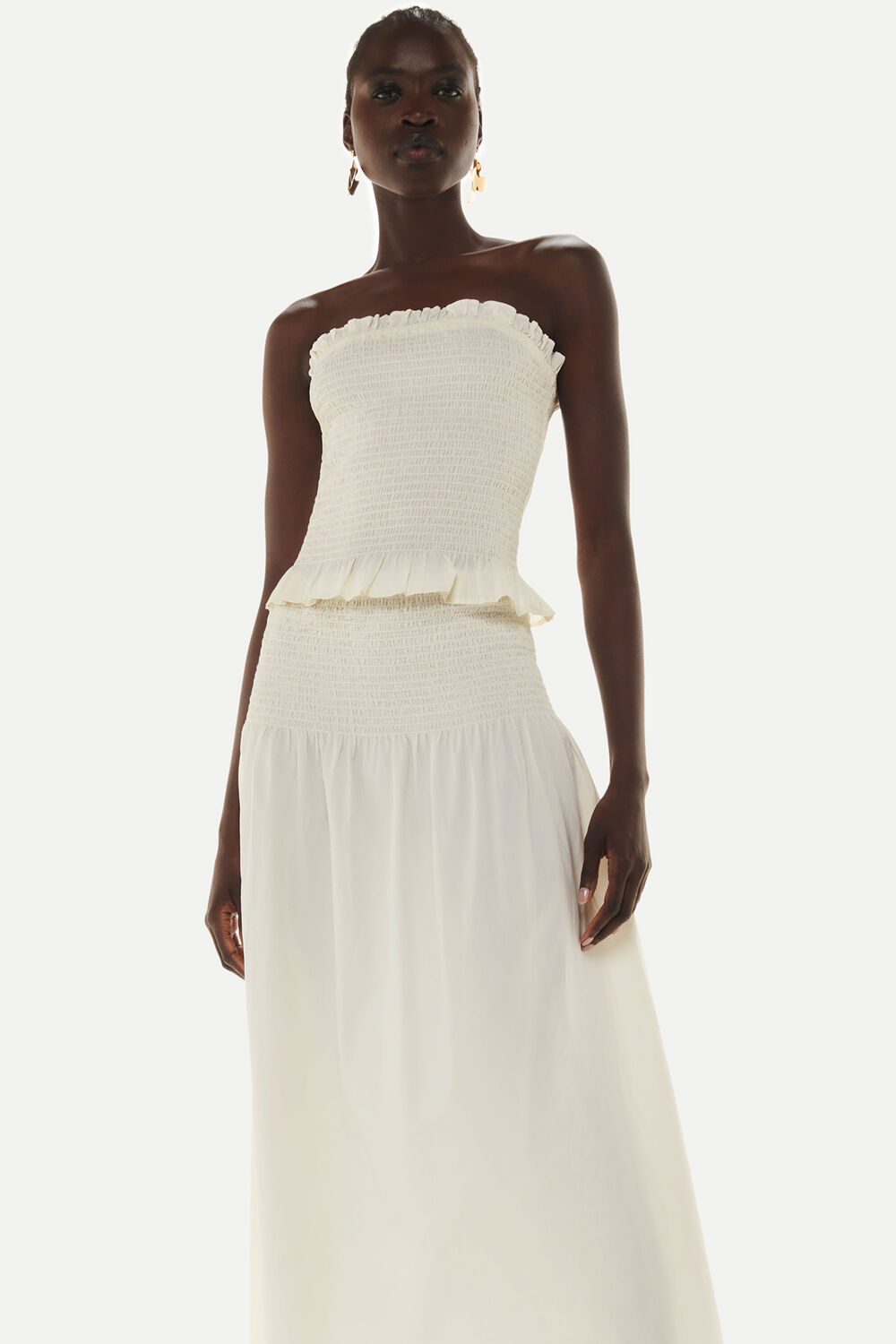 Ivory Smocked Waist Midi Skirt
