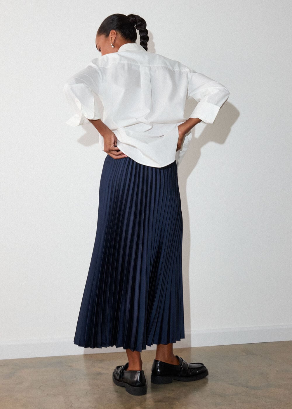 Navy Satin Pleated Midi Skirt