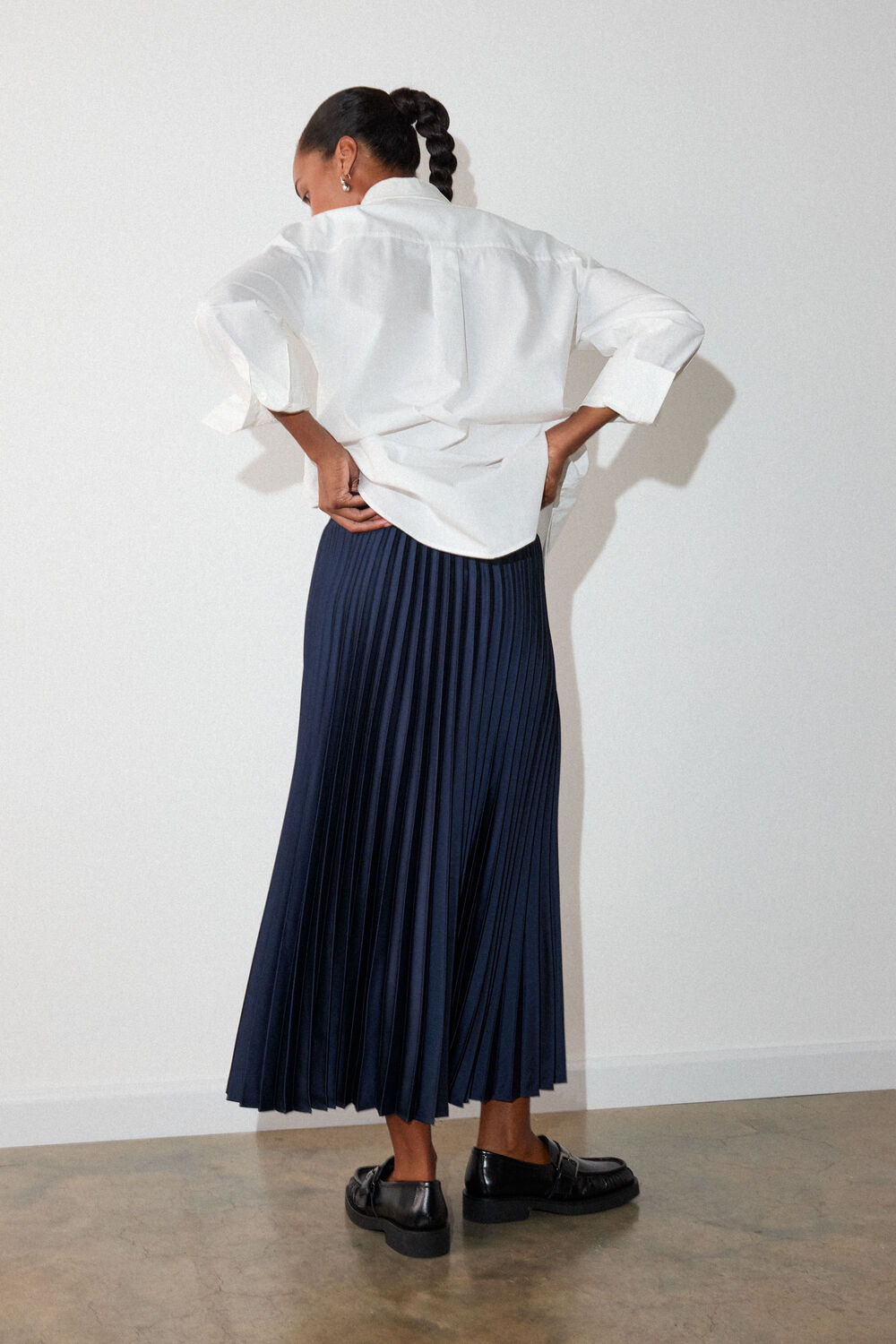 Navy Satin Pleated Midi Skirt