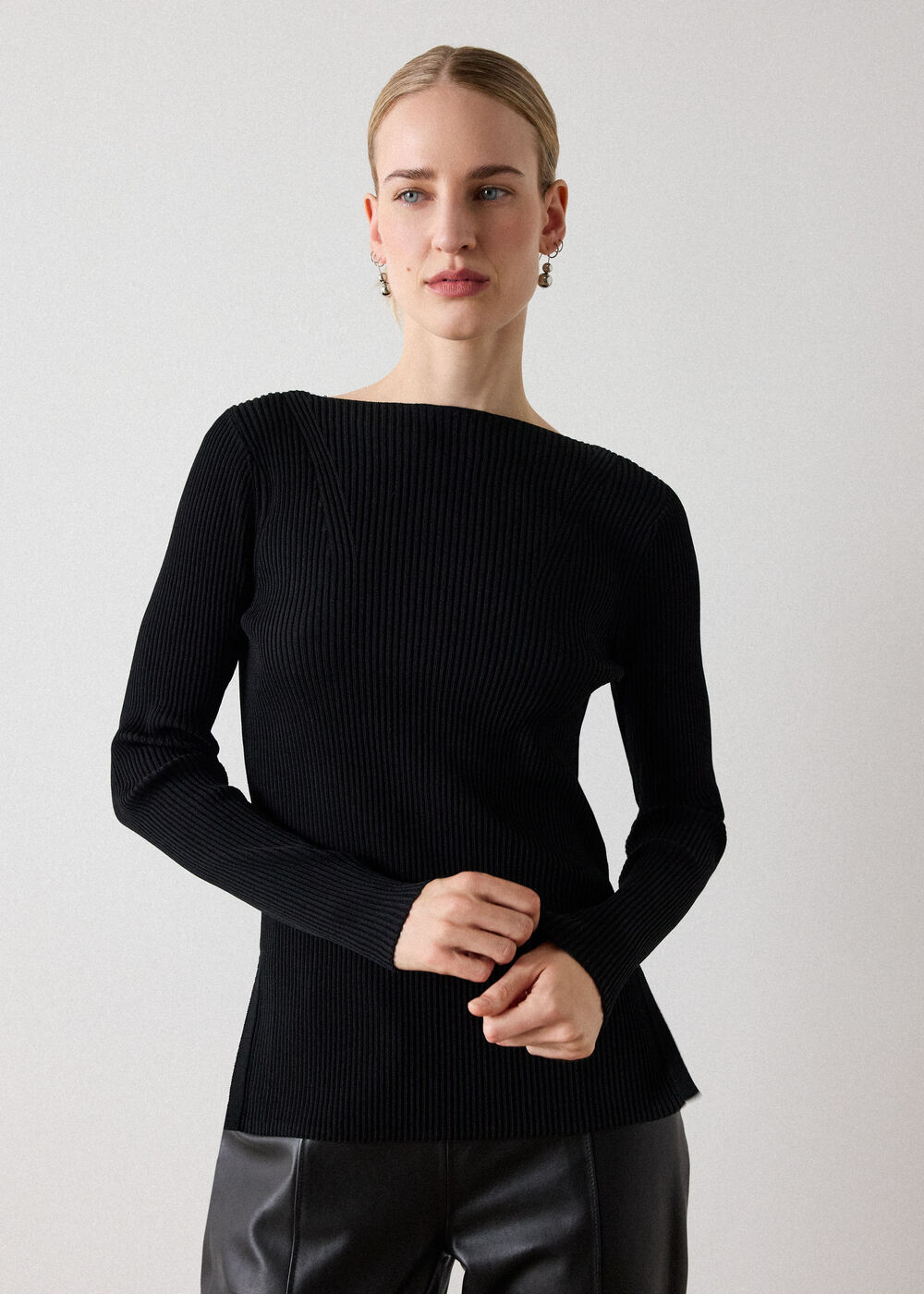 Black Rib Knit Slash Neck Top
