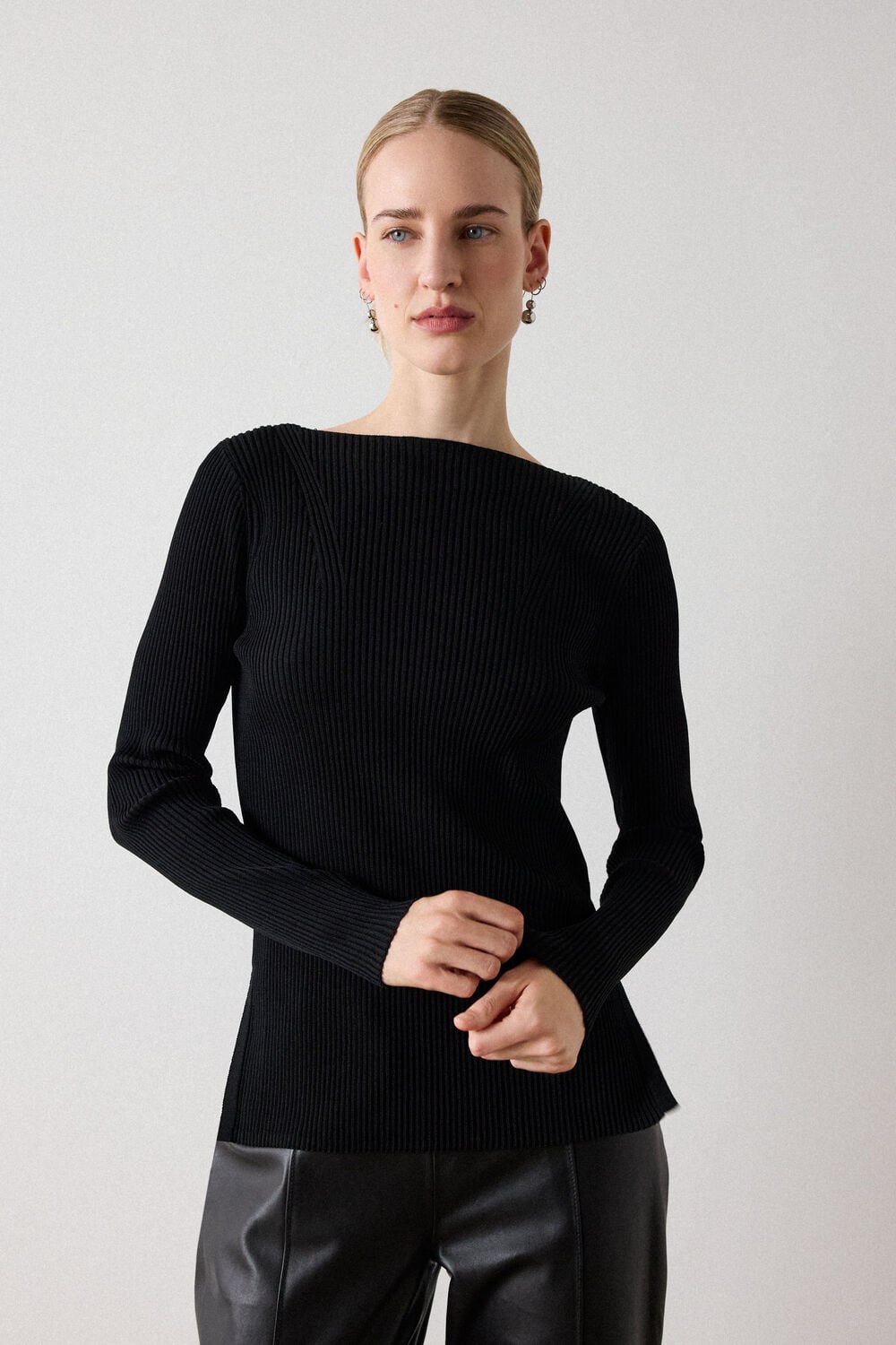 Black Rib Knit Slash Neck Top