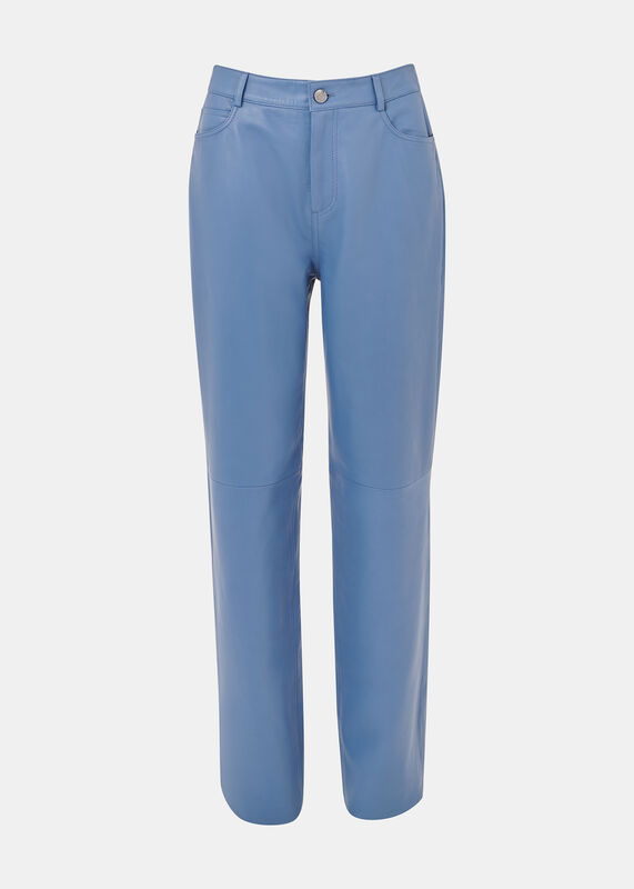 Blue Straight Leg Leather Pants 