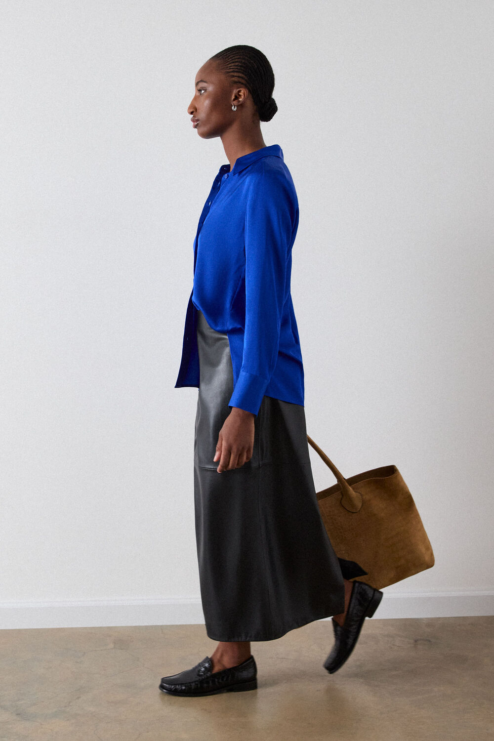Blue Satin Viscose Collared Shirt