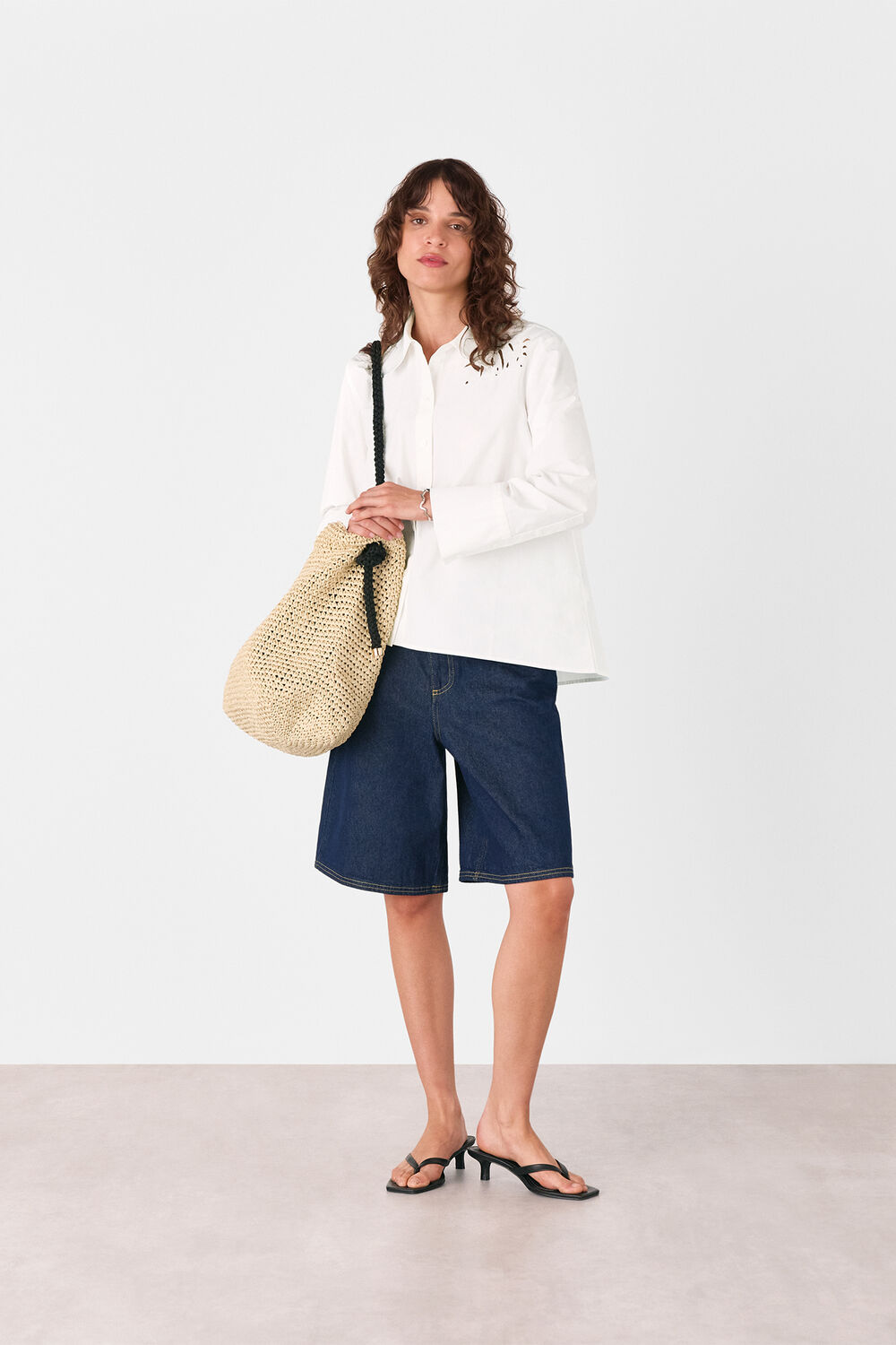 Leaf Embroidered Cotton Shirt