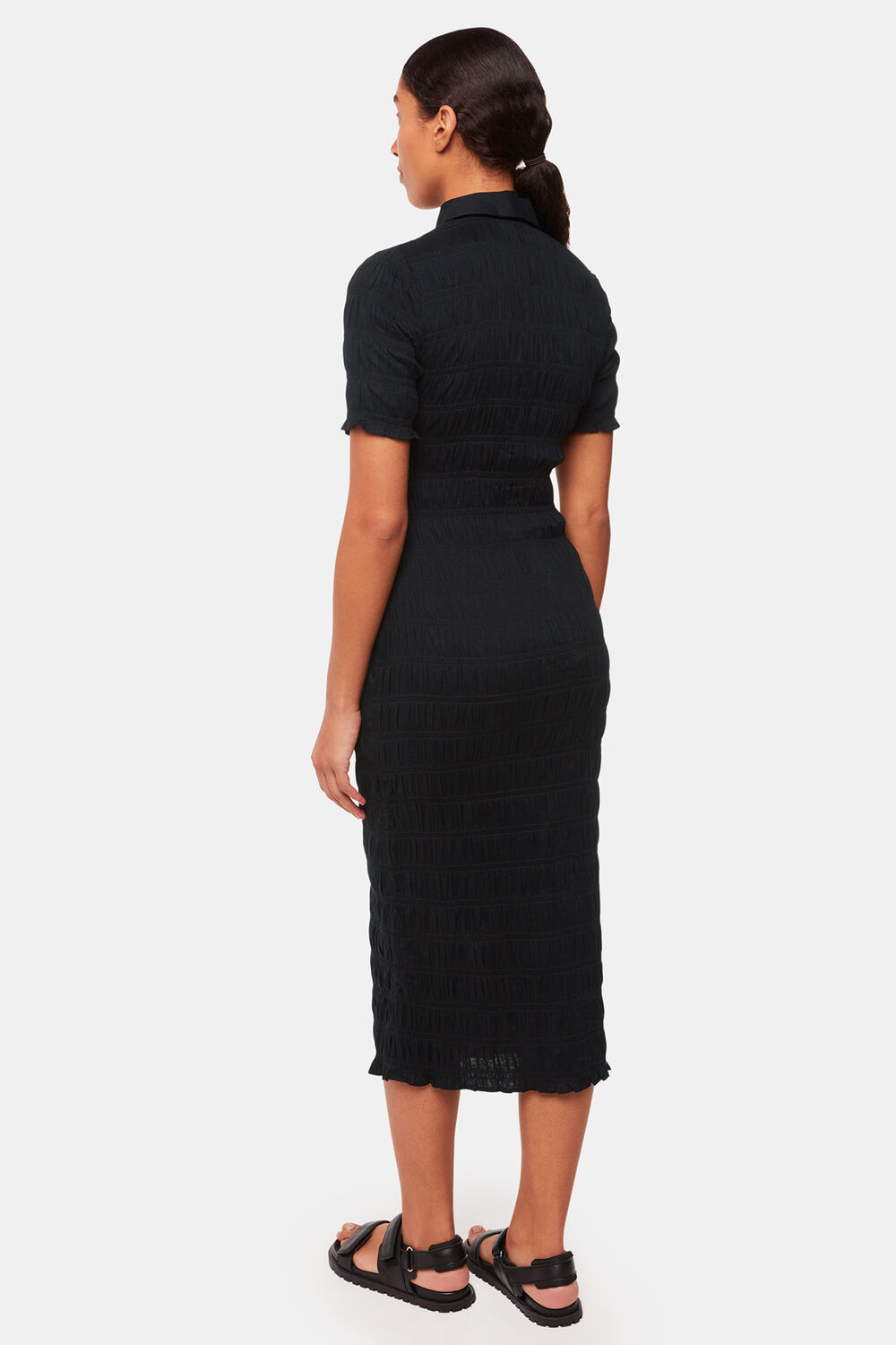 Black Monique Shirred Midi Dress