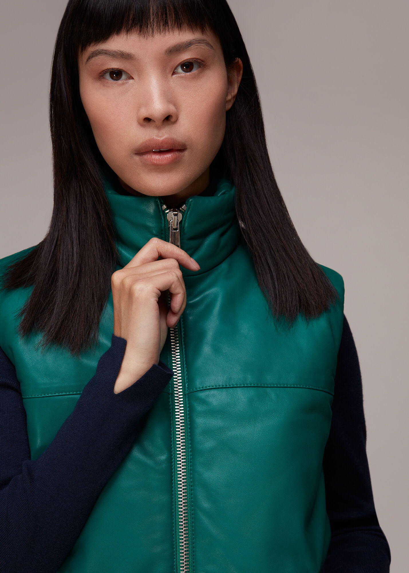Dark Green Leather Puffer Quilted Gilet WHISTLES