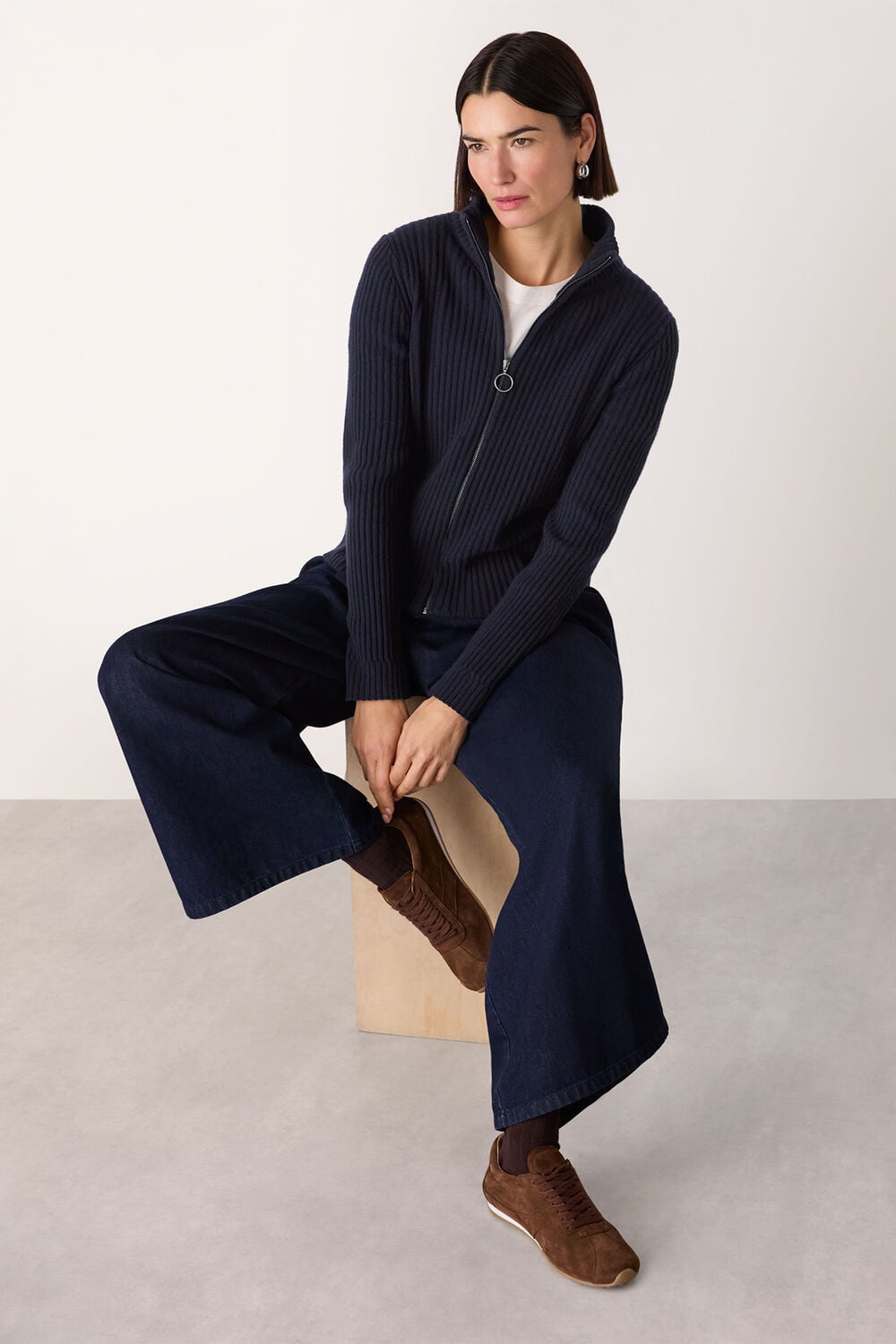 Navy Wool Zip Front Rib Cardigan