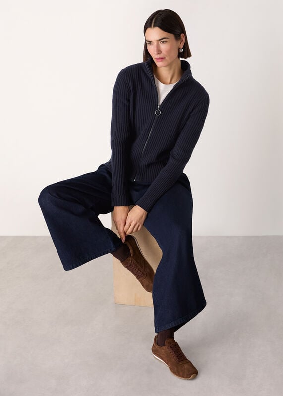 Navy Wool Zip Front Rib Cardigan