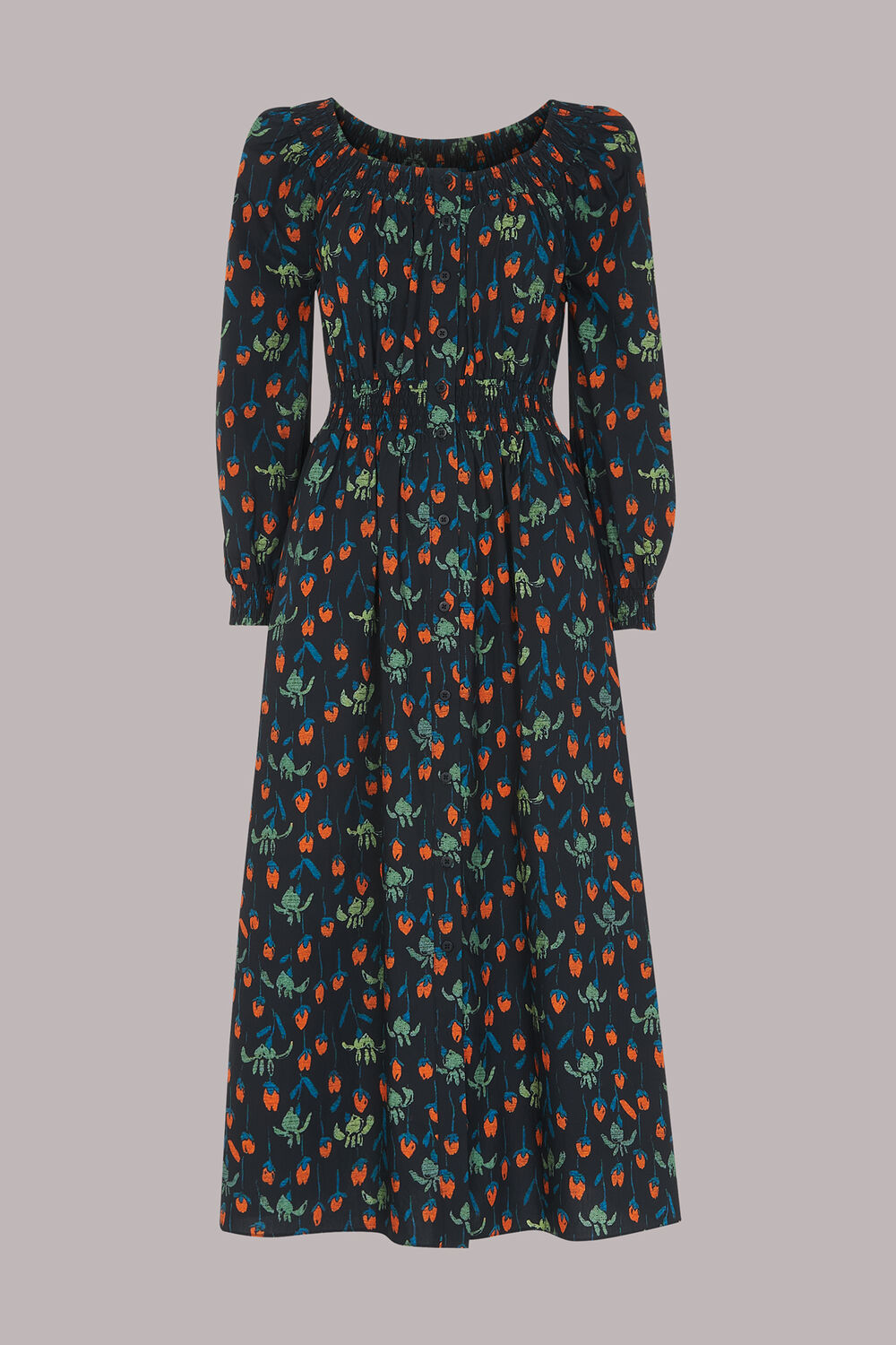 Black Tulips Print Poplin Midi Dress