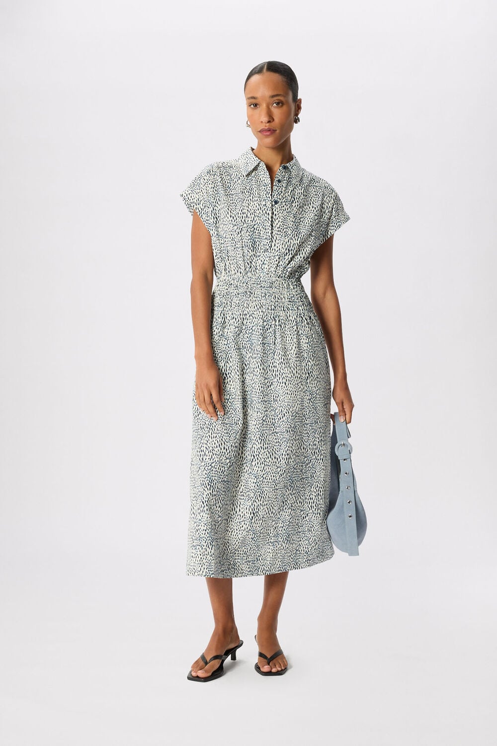 Navy Petite Flecked Animal Collared Dress