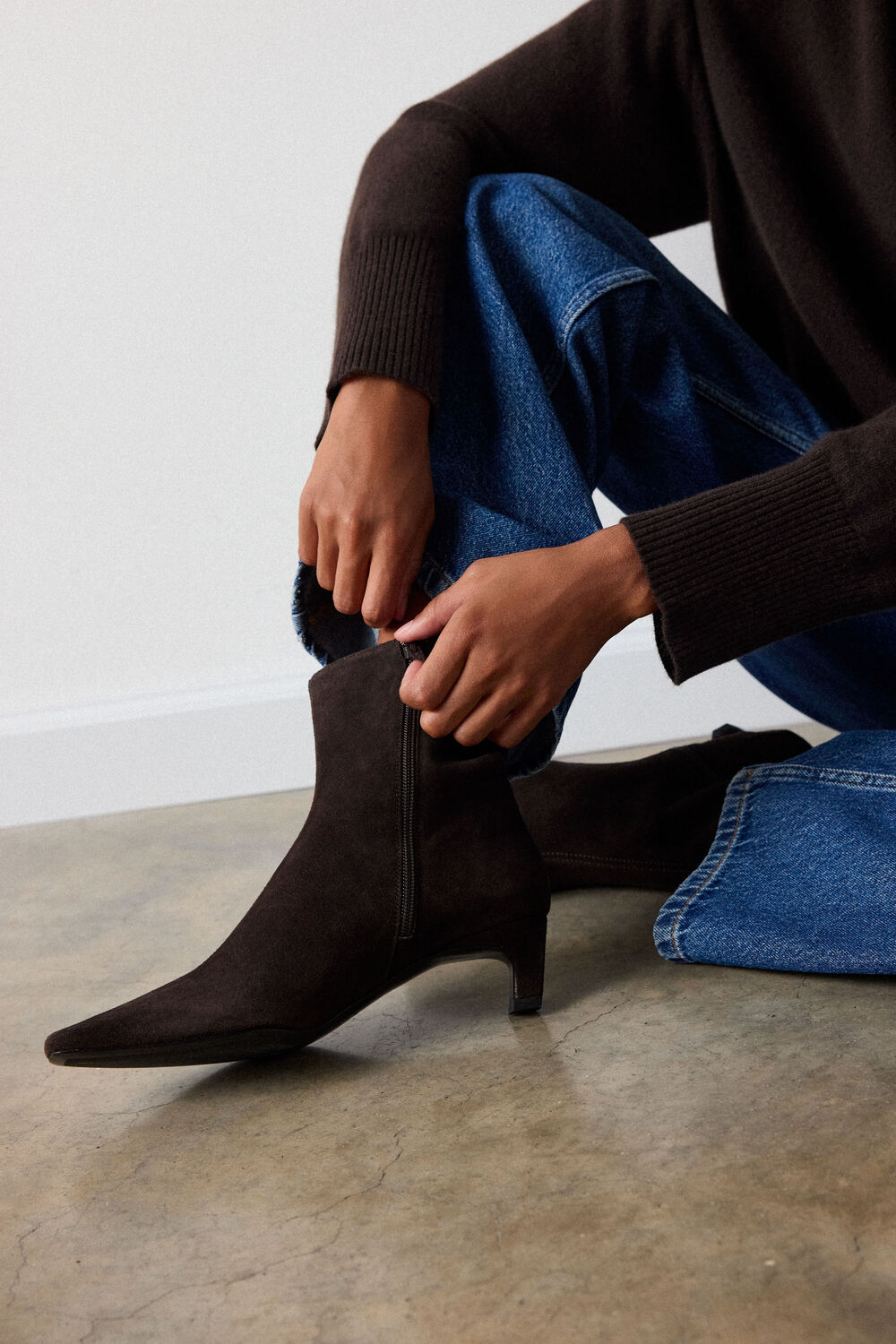 Chocolate Kitten Heel Suede Ankle Boot