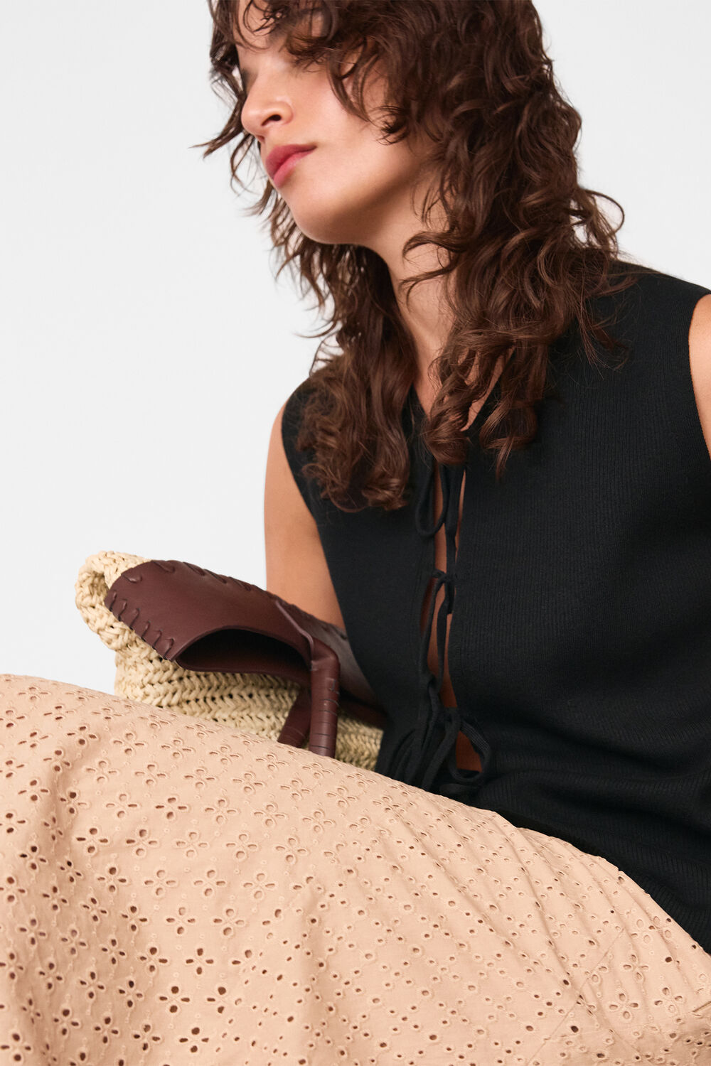 Camel Cotton Broderie Midi Skirt