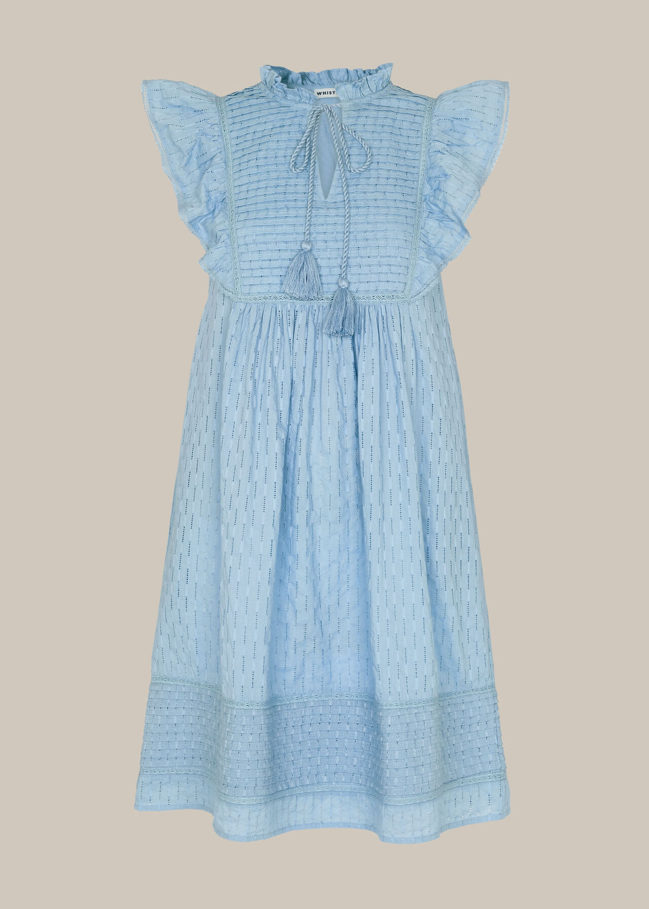 Pintuck Frill Cotton Dress Blue