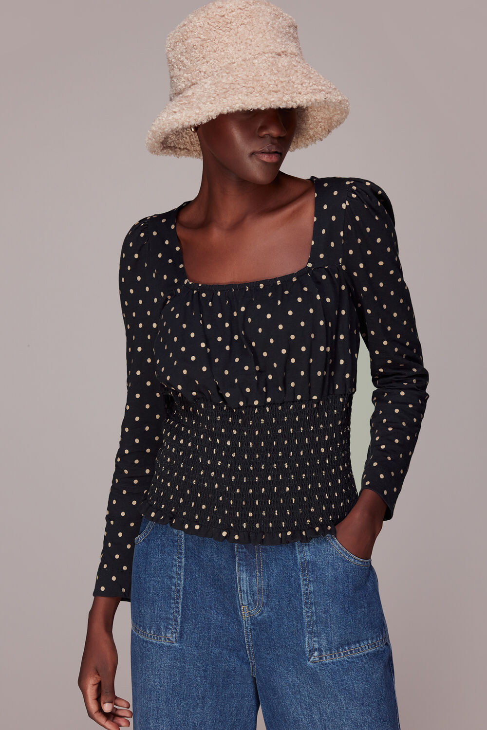 Black Spot Square Neck Shirred Top