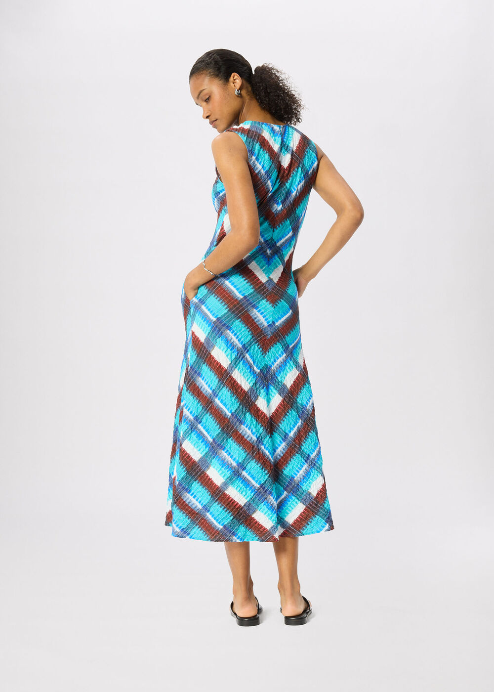 Checked V Neck Textured Dress