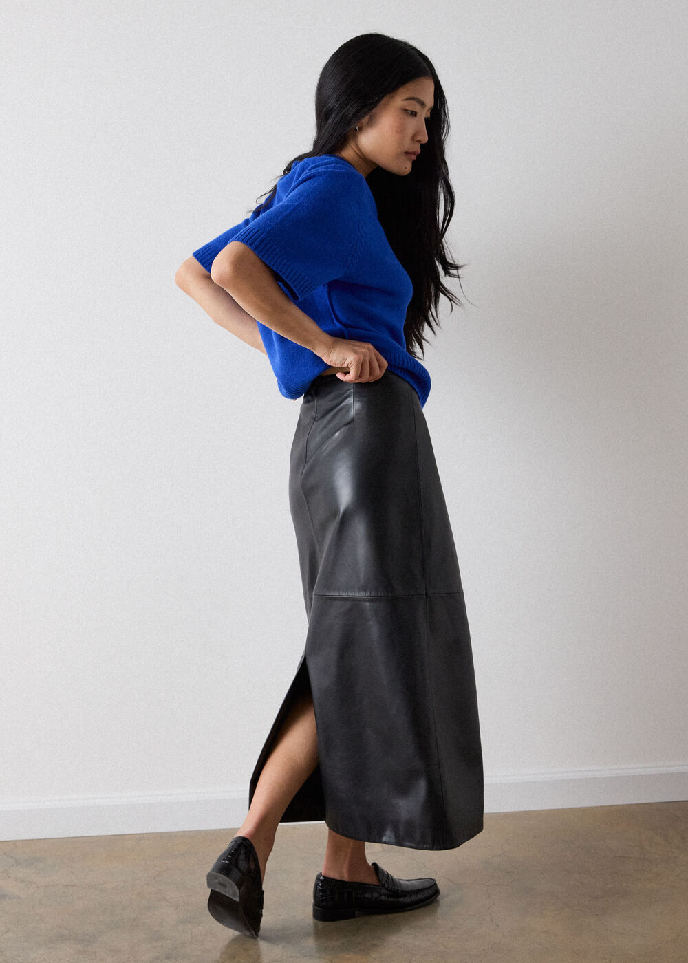 Black Pencil Leather Midi Skirt