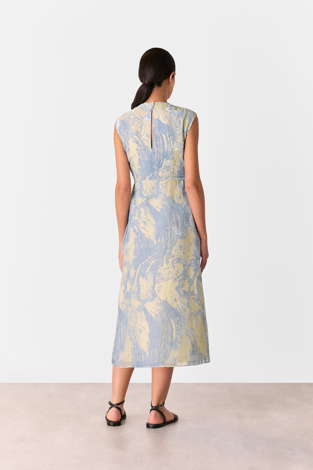 Blue Devore Swirl Velvet Midi Dress