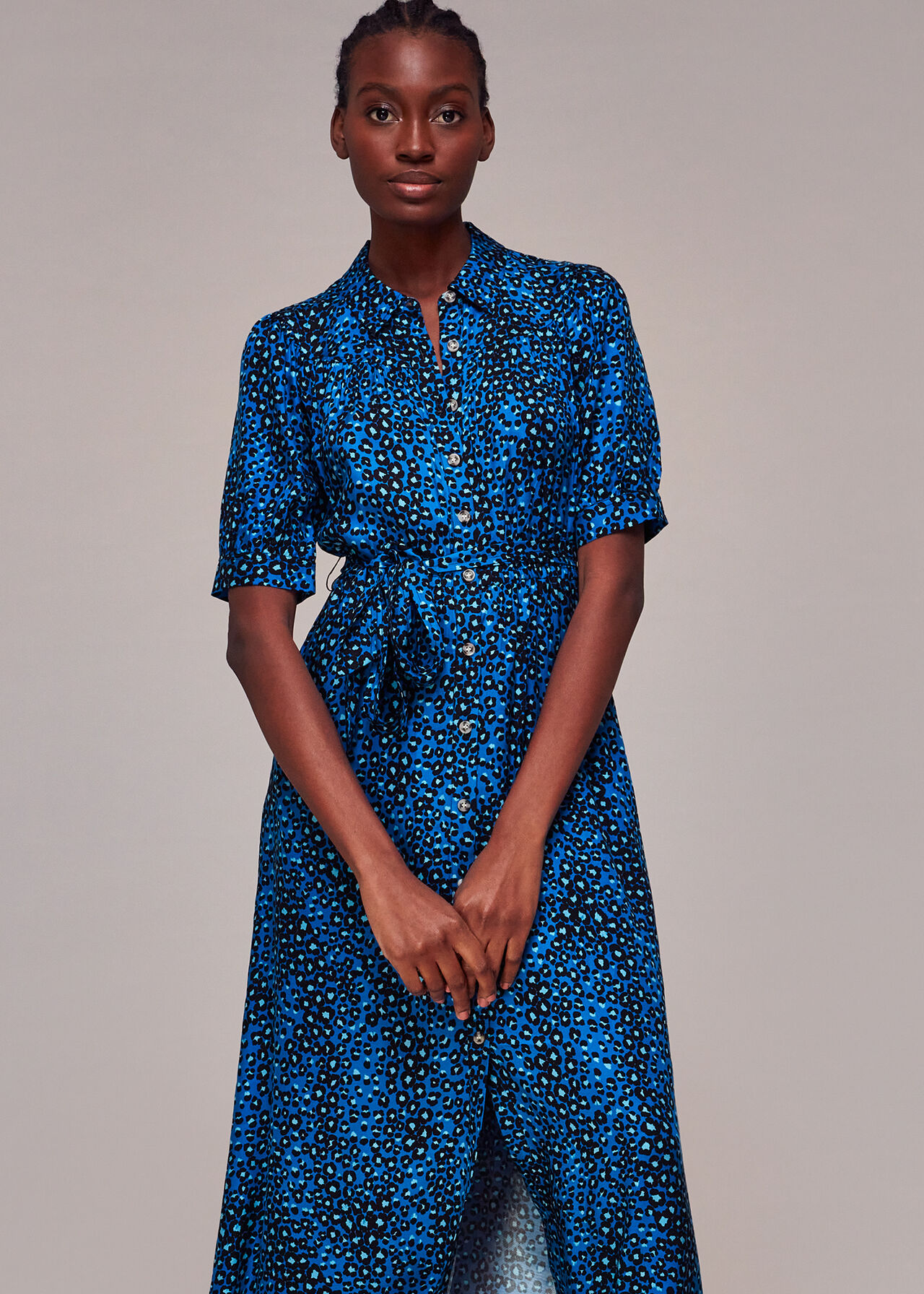Blue/Multi Painted Leopard Midi Dress | WHISTLES | Whistles UK