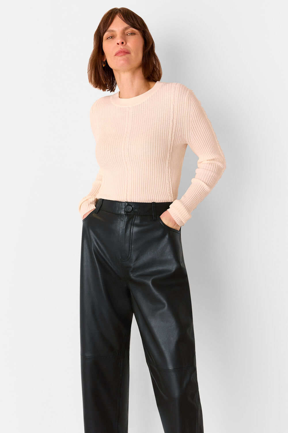 Black Leather Barrel Leg Trouser