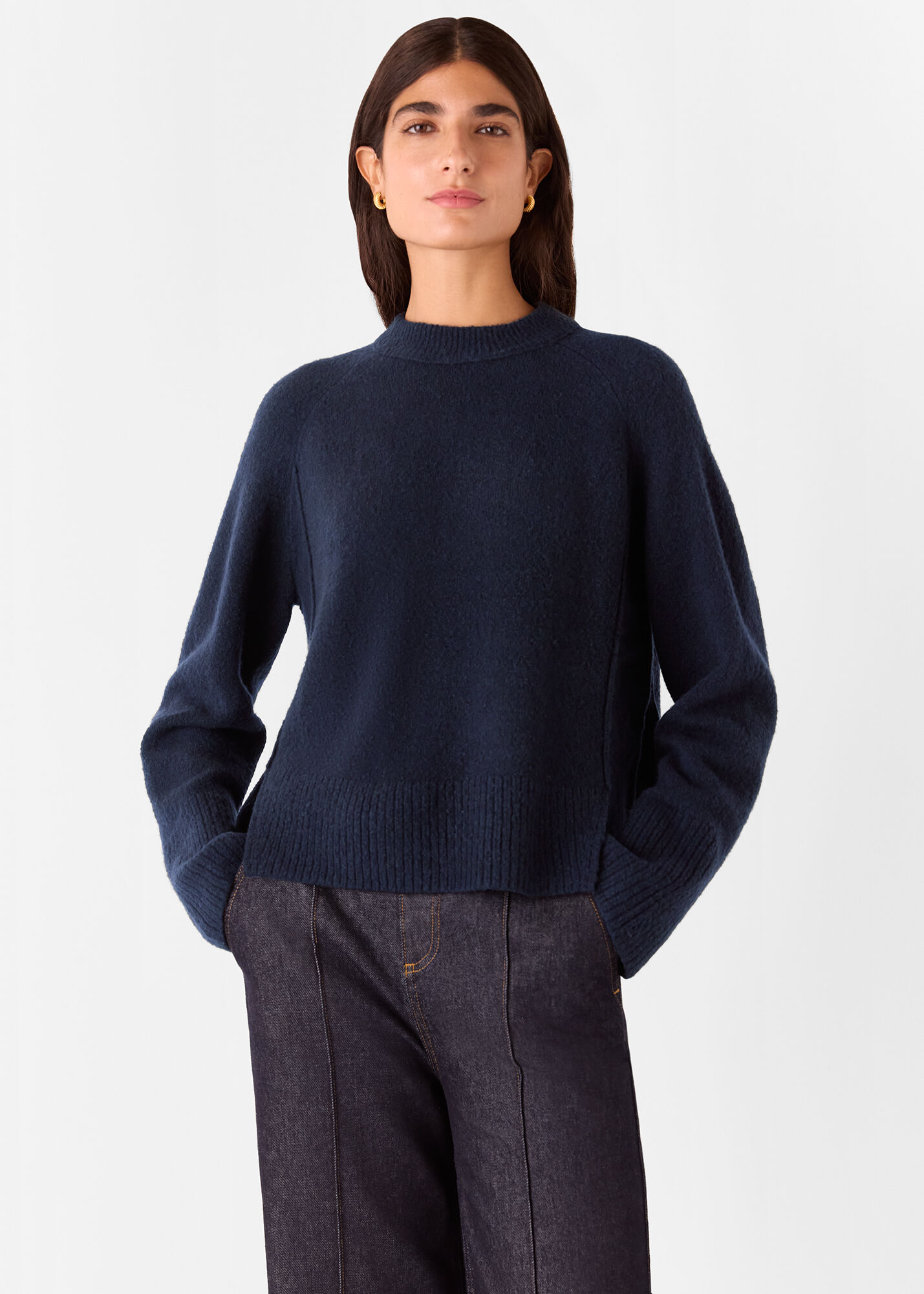 Women's Navy Wool Mix Side Split Sweater | Whistles US |