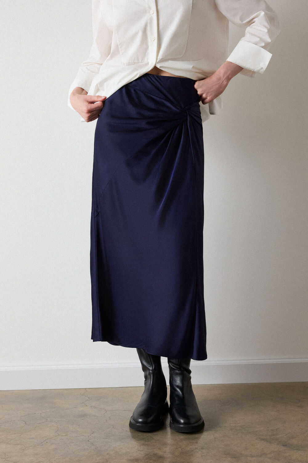 Satin Twist Side Midi Skirt