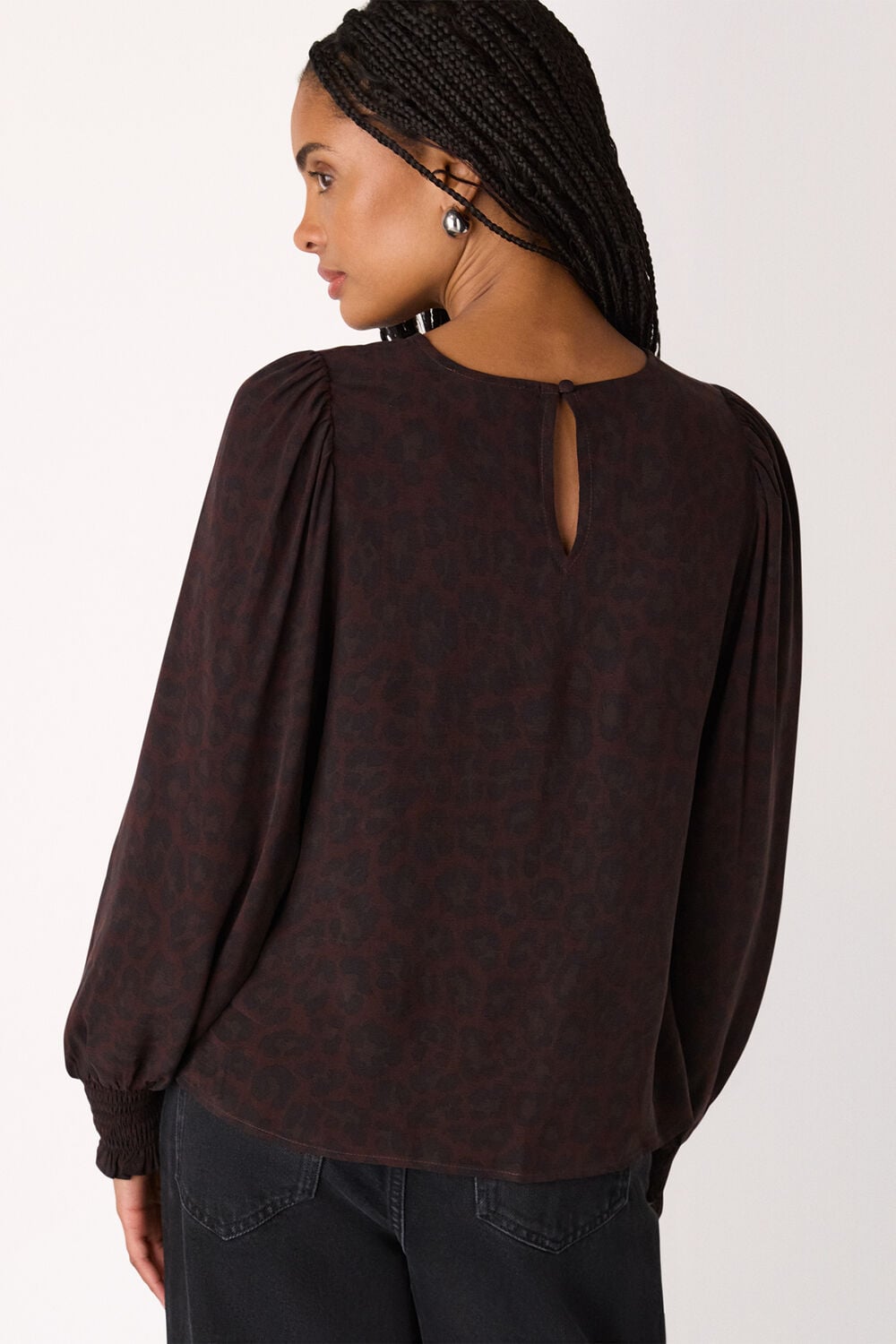 Leopard Shirred Cuff Blouse