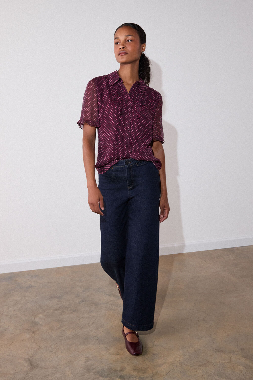 Burgundy Polka Dot Sheer Sleeve Shirt