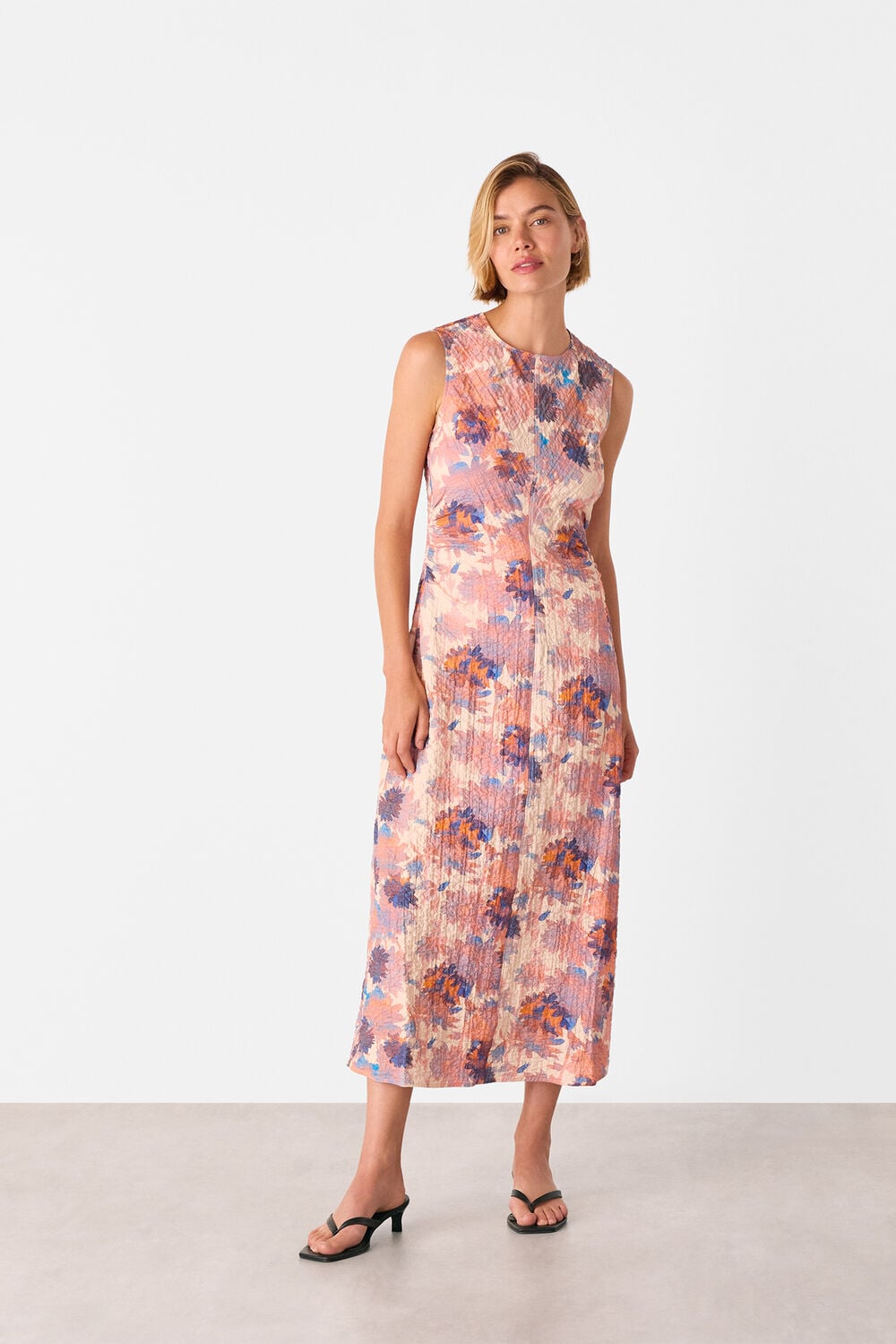 Pink Floral Textured Midi Dress