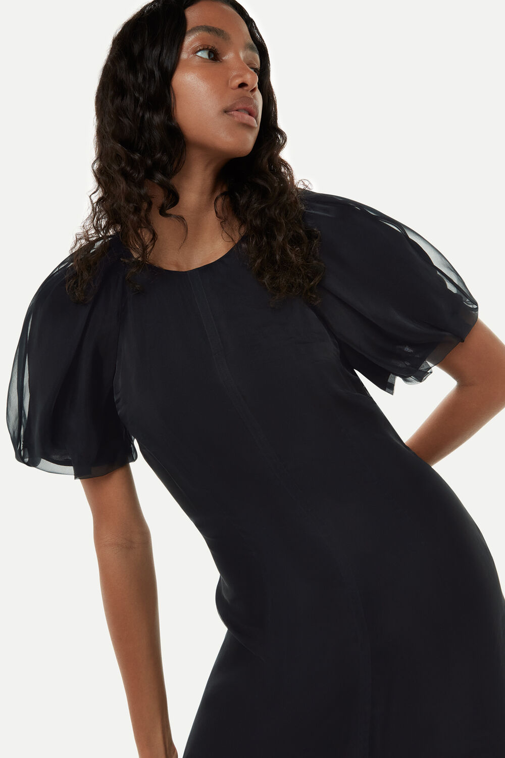 Black Organza Silk Puff Sleeve Dress