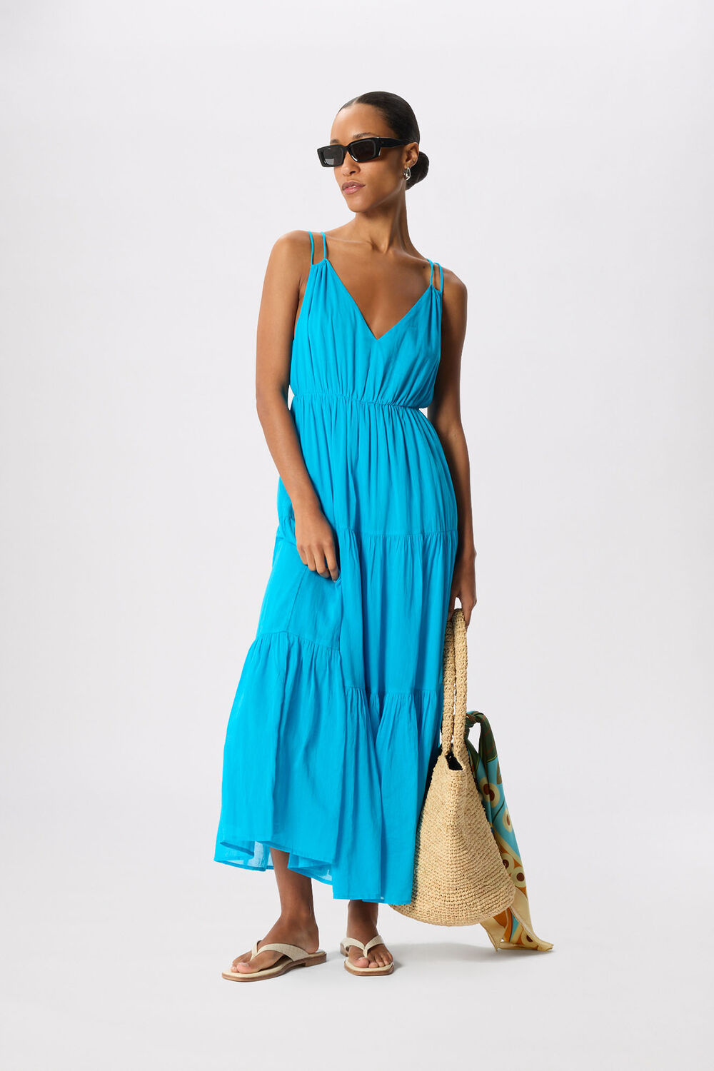 Turquoise Cotton Maxi V Neck Sundress