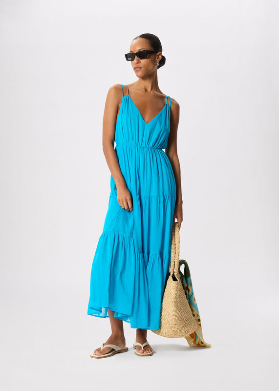 Turquoise Cotton Maxi V Neck Sundress