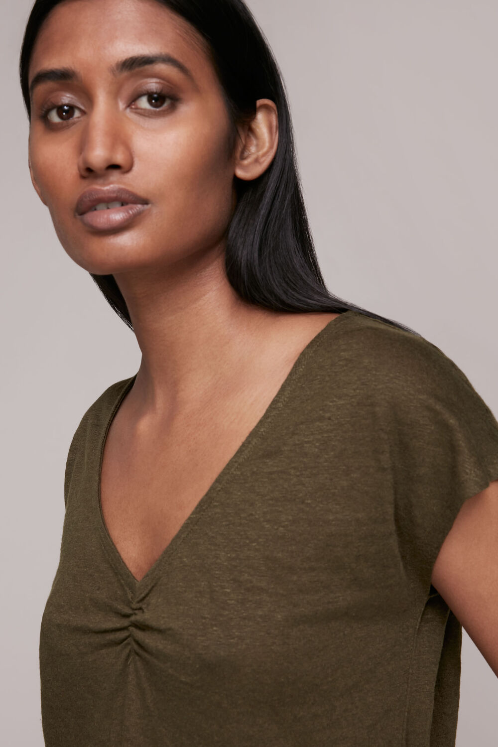 Ruched V-Neck Linen Tee
