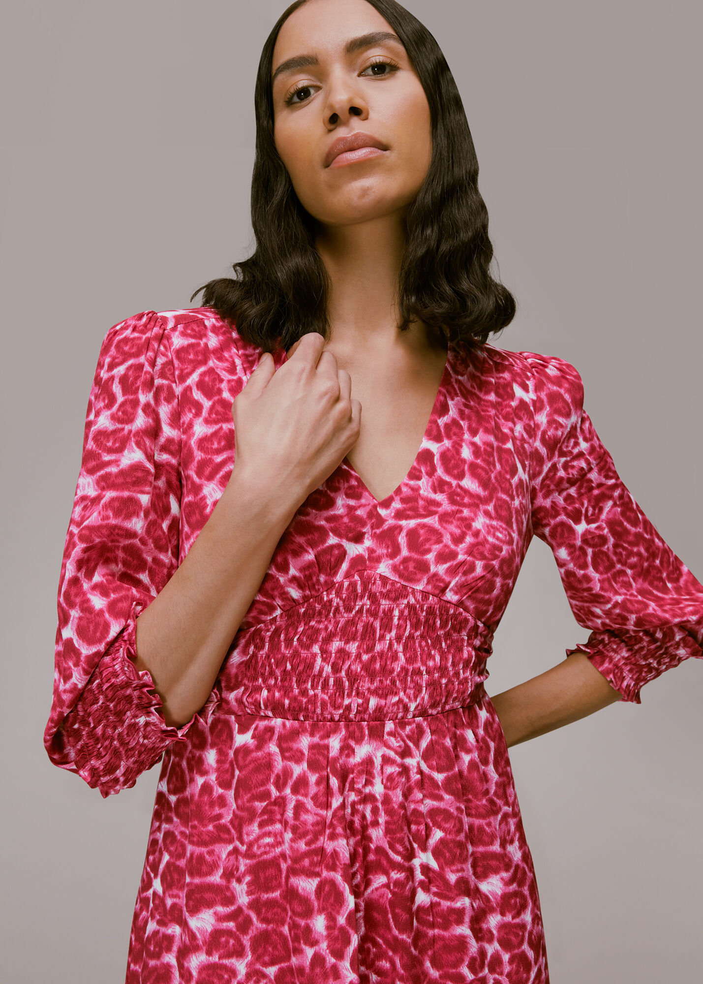 Pink/Multi Clouded Leopard Shirred Dress | WHISTLES