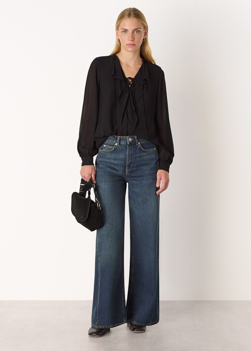 Sheer V Neck Frill Blouse