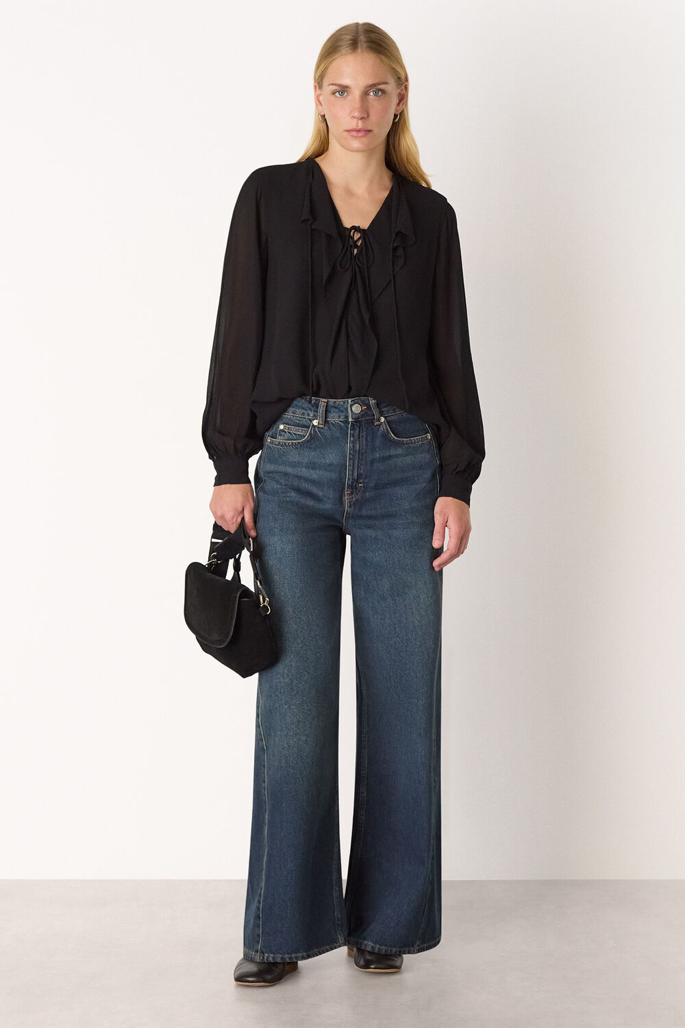 Sheer V Neck Frill Blouse