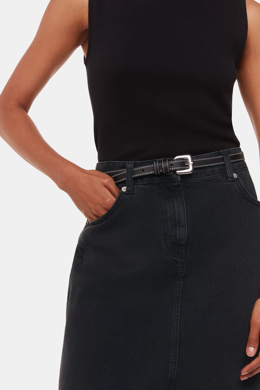 Petite Straight Denim Midi Skirt