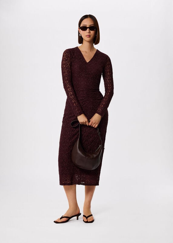 Burgundy Ruched Bodice Lace Dress