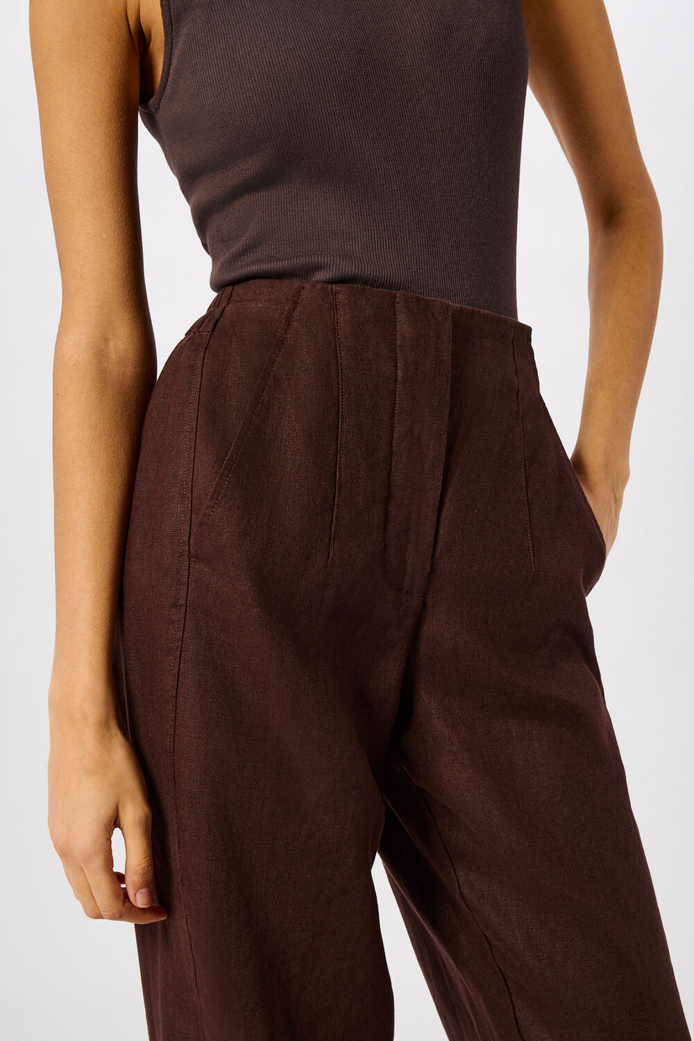 Brown Petite Linen Barrel Leg Trouser