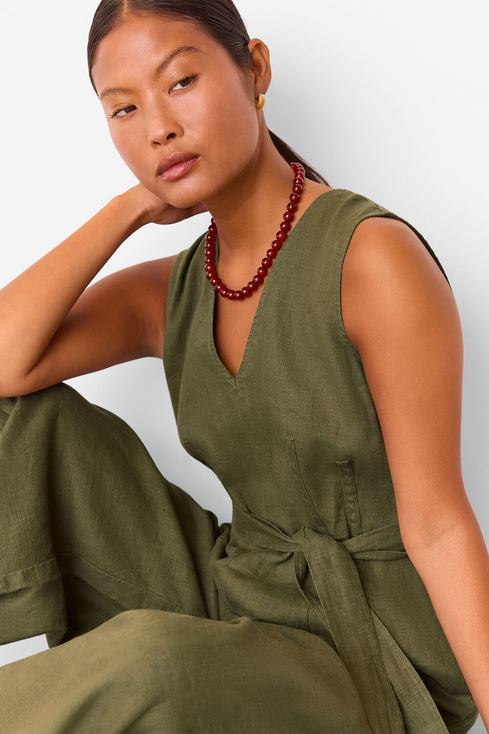 Khaki Petite Belted Seamed Linen Jumpsuit