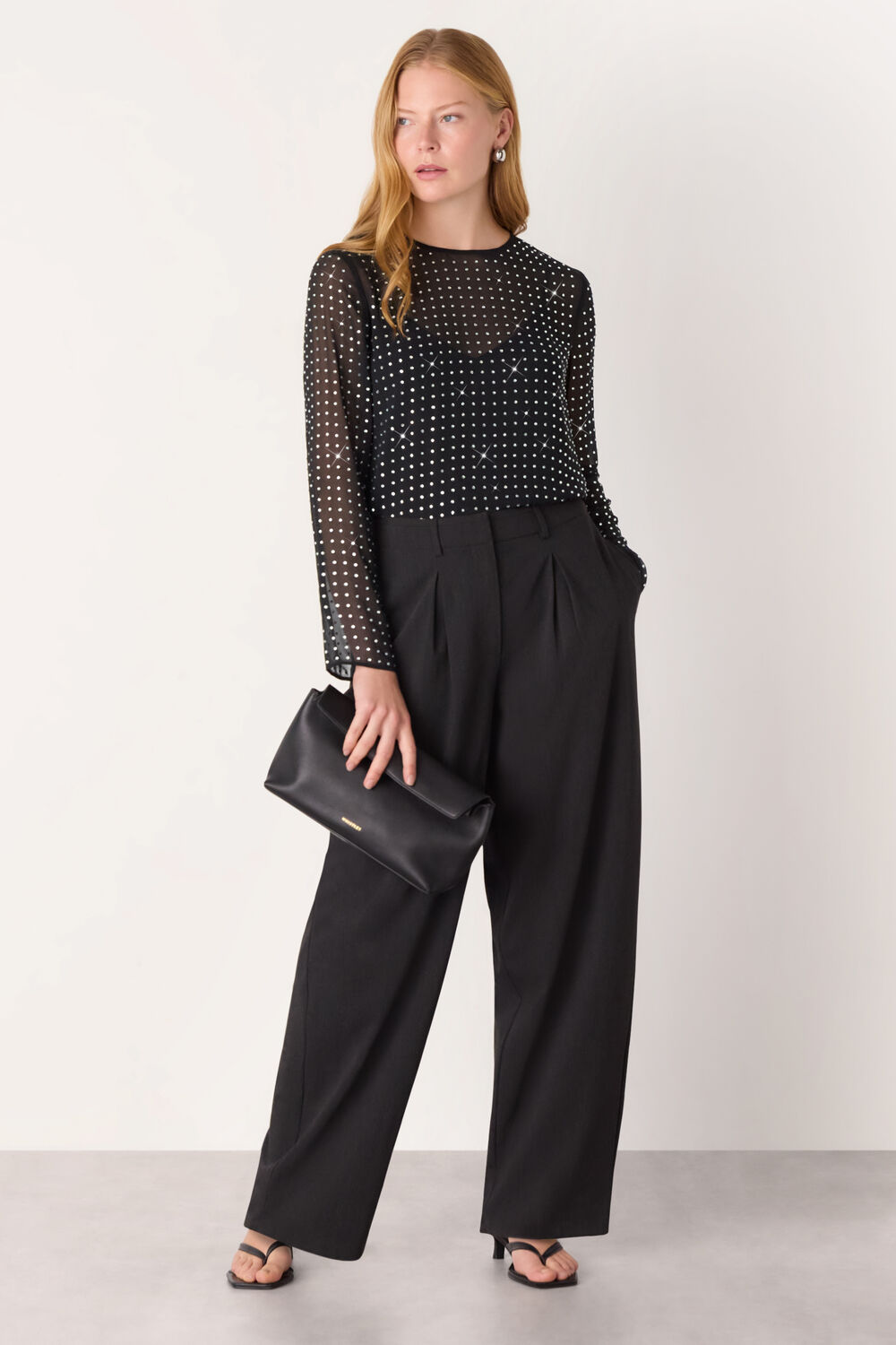 Black Hot Fix Sheer Sleeve Blouse