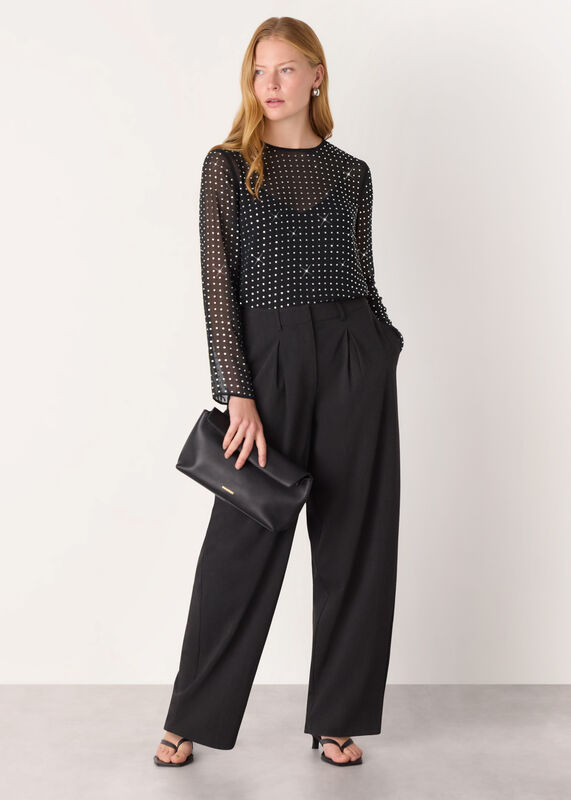 Black Hot Fix Sheer Sleeve Blouse