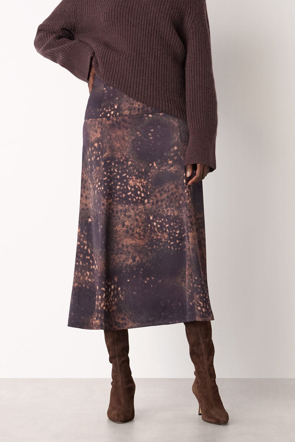 Brown Spotted Animal Midi Skirt
