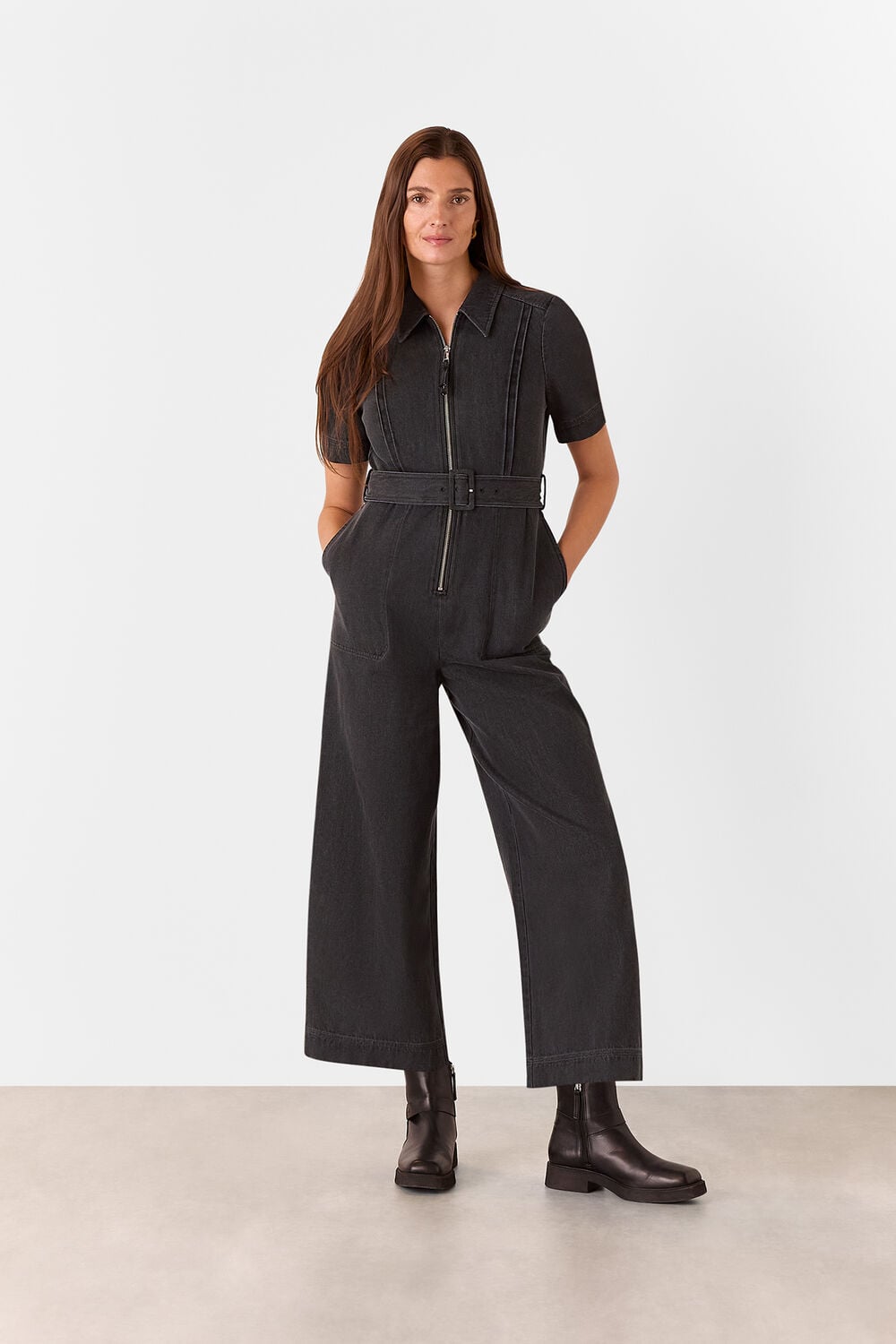 Denim Pintuck Belted Jumpsuit