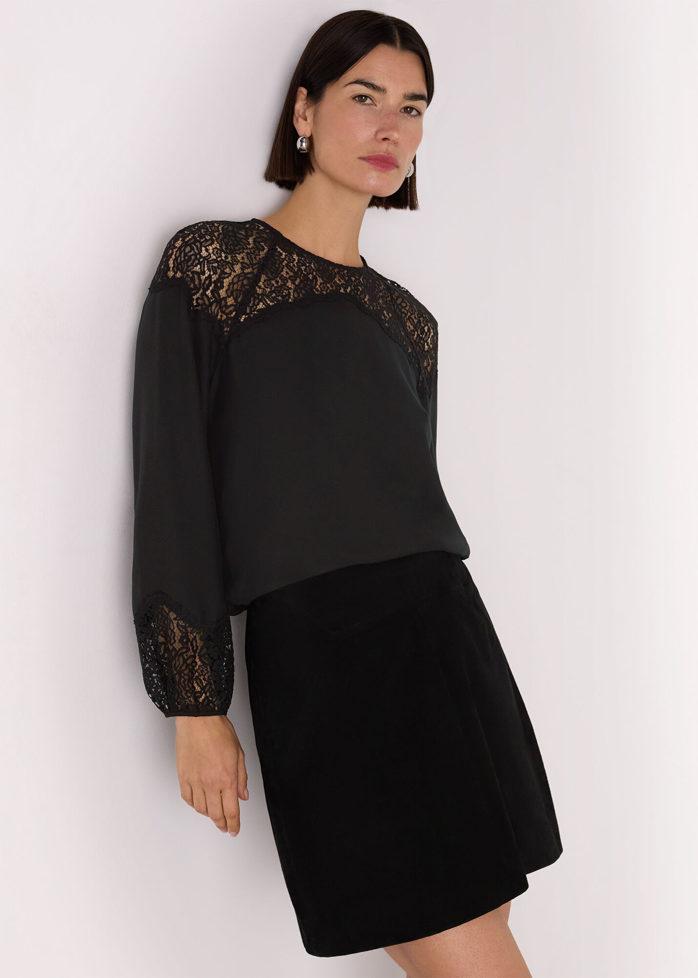 トップス philme lace satin blouse black F Black Lace Detail Satin Blouse | WHISTLES | Whistles US |