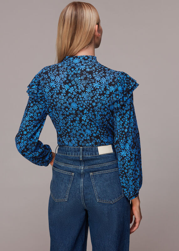 Blue Boho Frill Shoulder Jersey Top