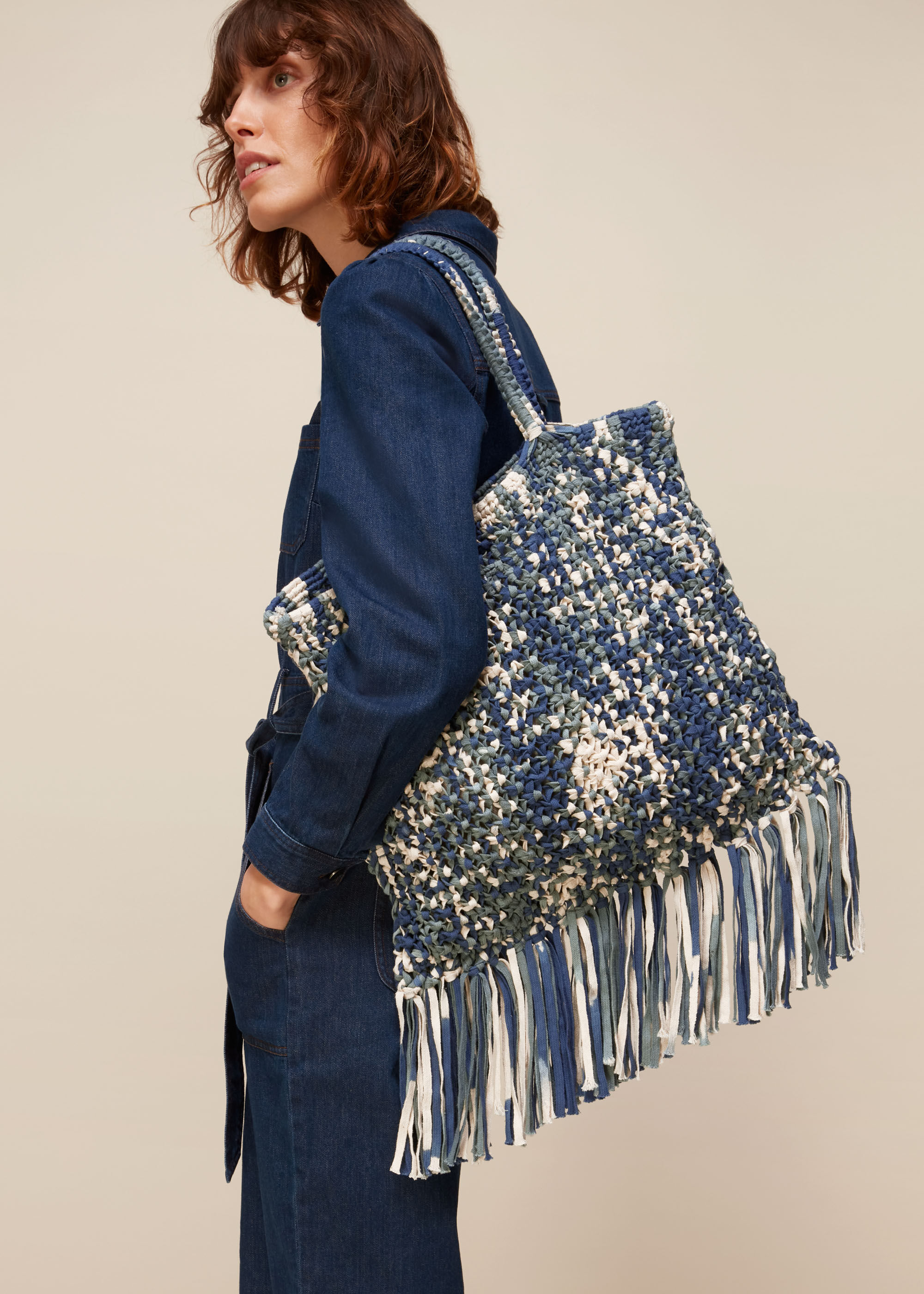 Blue/White Clea Tie Dye Crochet Tote | WHISTLES | Whistles US |