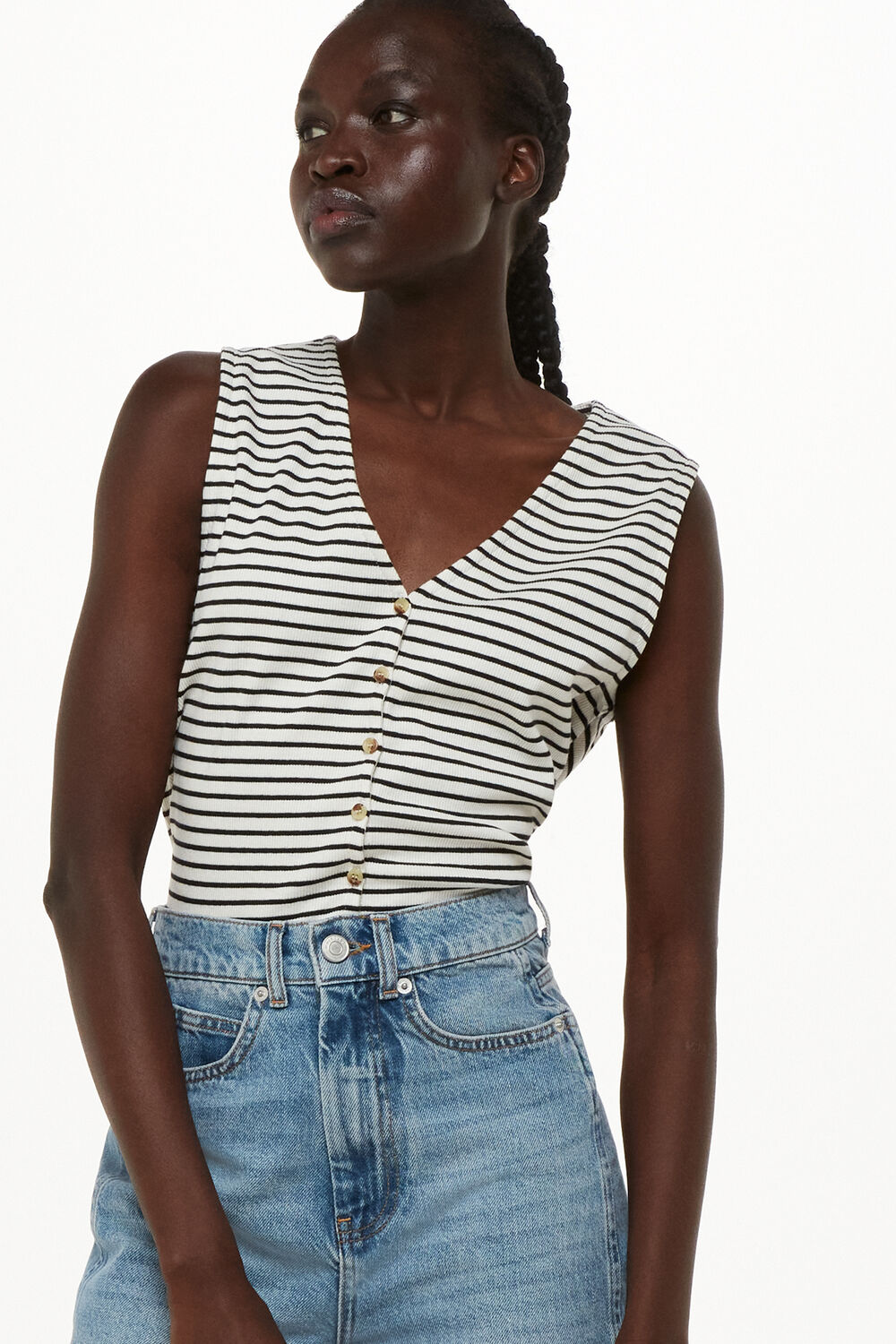 Ivory Button Up Stripe Rib Tank