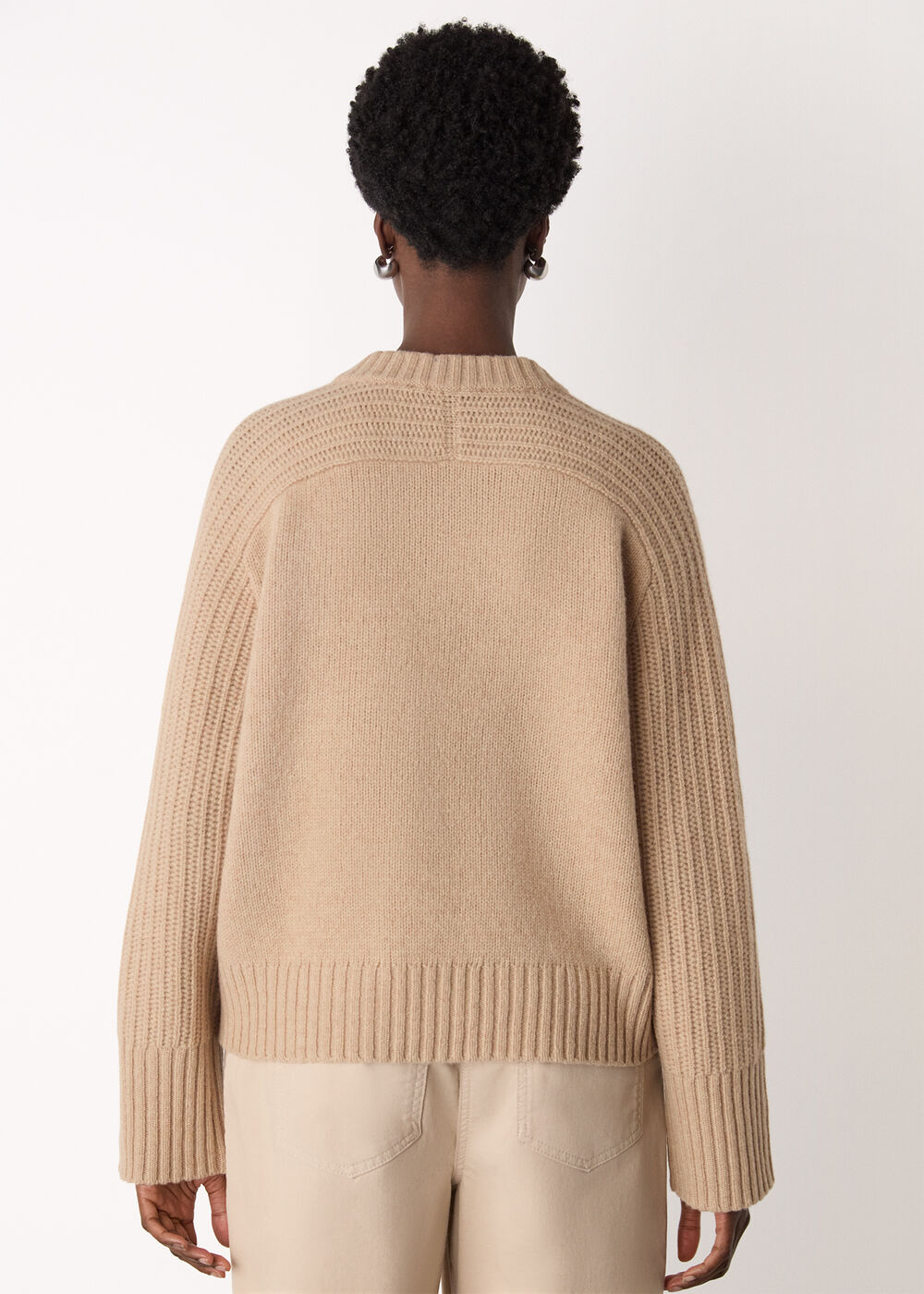 Wool Ribbed Sleeve V Neck Knit