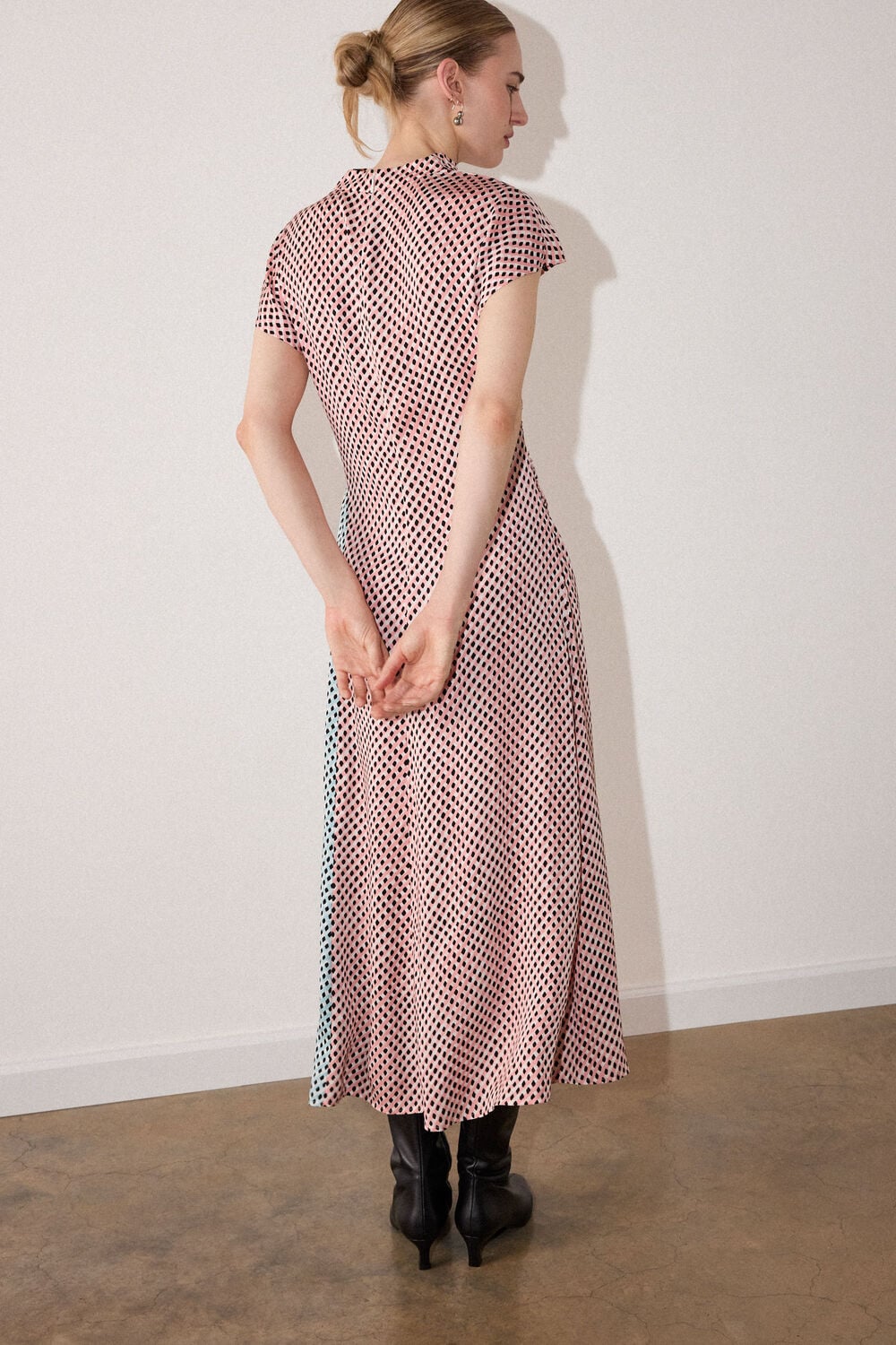 Pink Graphic Check Cowl Neck Dress