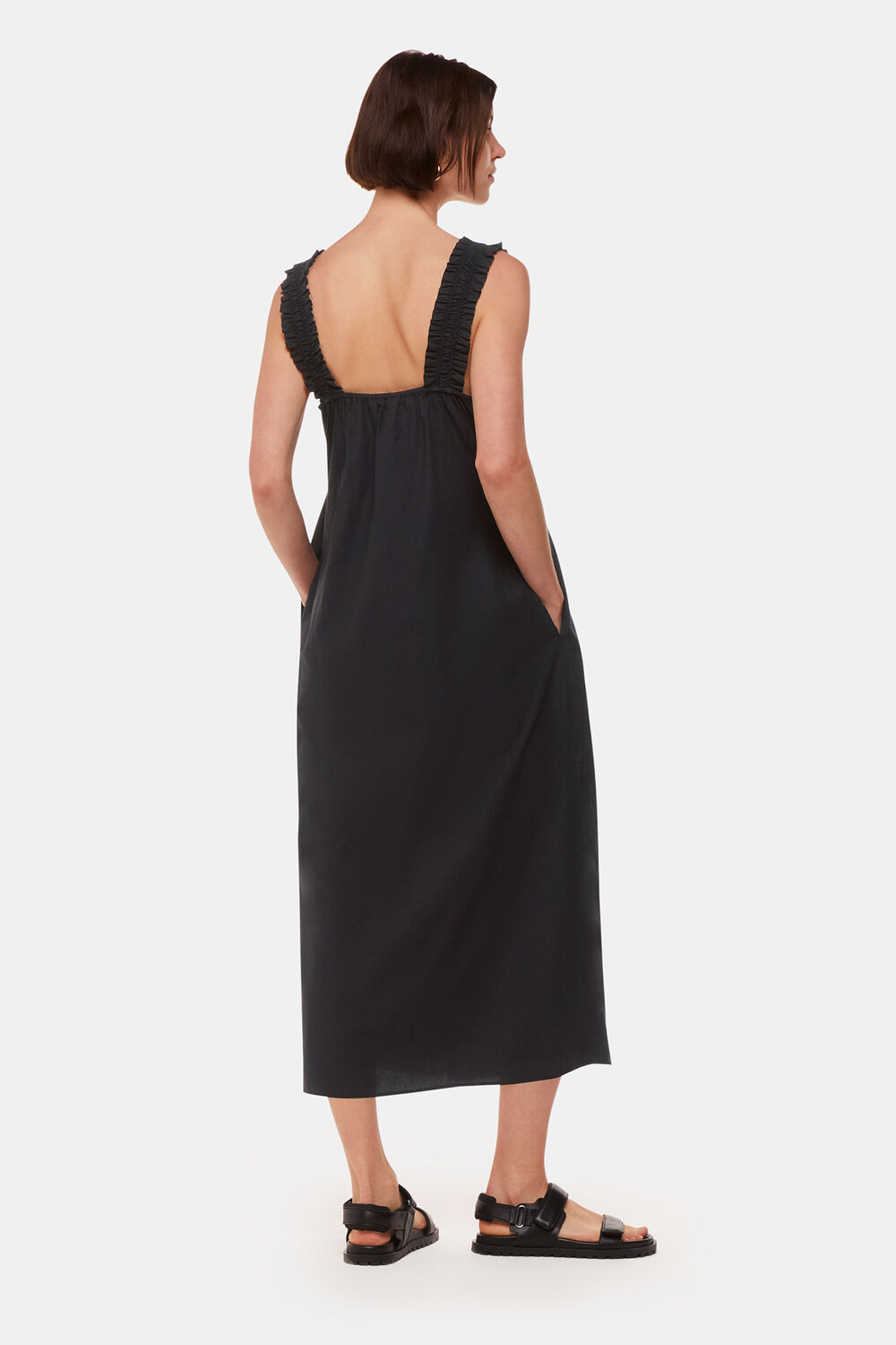 Black Ruffle Strap Poplin Midi Dress